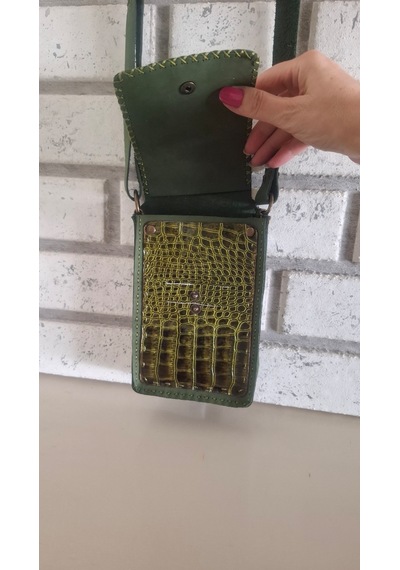 Çağla Yeşili Hakiki Deri Mini El Yapımı Çapraz Çanta Yeşil