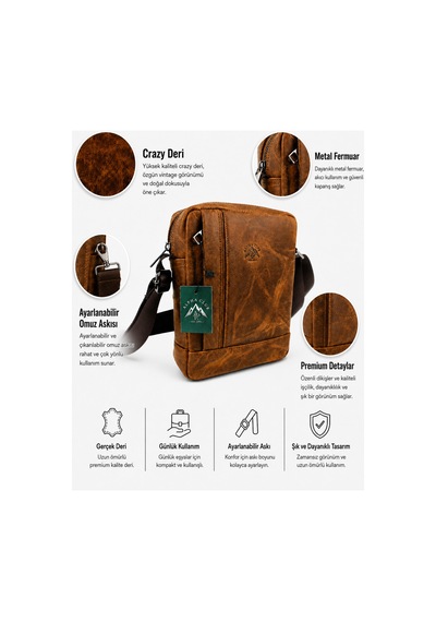 Alphaclub Bag Erkek Crazy Taba Hakiki Deri Postacı El Ve Omuz Çantası Orta Boy