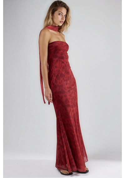 Hiccup Straplez Çiçek Desenli Tül Kuşaklı Bodycon Maxi Elbise Kırmızı