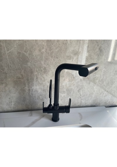 Mutfak Eviye Bataryası Dual Flow Arıtma Çıkışlı Duş Şelale 3 Fonksiyon Mat Siyah