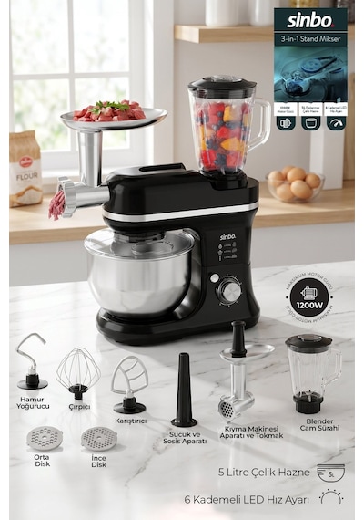 Sinbo Smx-2772 Çok Amaçlı 3ın1 Mutfak Şefi Hamur Yoğurma Kıyma Makinesi Sürahi Blender 1200w Diğer