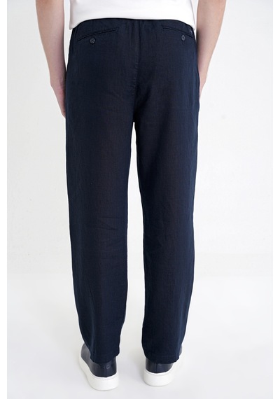 Oversize Kalıp Yan Cep Beli Lastikli Lacivert Keten Pantolon P 1216