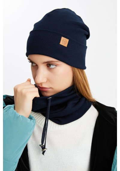 Butikgiz Kadın Balıkçı Style Pamuklu Kaşkorse Terletmez Ultra Hafif Yumuşak Bere Boyunluk Takım Lacivert