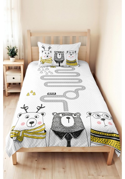 Evimde Bambaşka Ayıcık Ve Yol Desenli Çocuk Odası Pike Takımı - İskandinav Sarı Siyah 160x220  CM Yatak Örtüsü