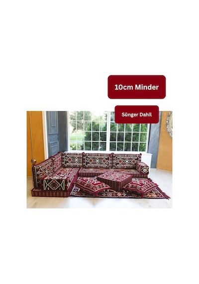 Otantik Şark Köşesi Takımı Bordo Anadolu 13 Parça Kilim Ve Puf Dahil Süngerli Sedir Seti