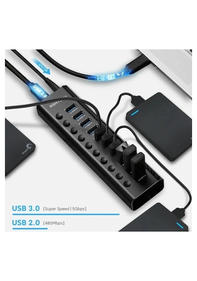 Alüminyum 5 Gbps 10 Port Usb 3.0 Data Hub 12w 3a Power Adaptör Çevirici Dönüştürücü 10 Girişli