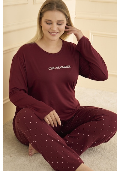 Mihra Kadın Pijama Takımı Büyük Beden & Battal Uzun Kol Bordo