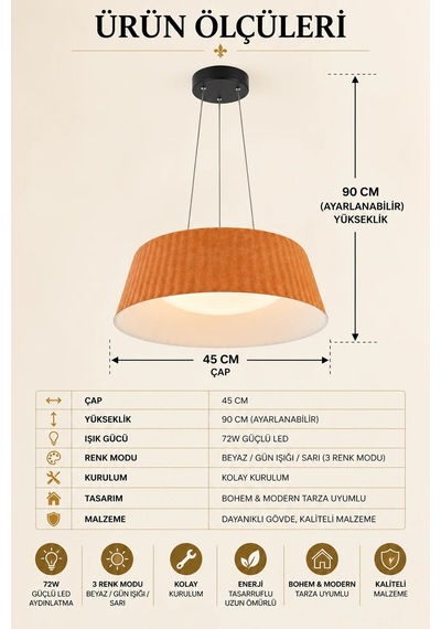 Modern Premium Kahve Kumaş 3 Renkli Ledli Sarkıt Avizesi Salon Mutfak Oturma Odası Modelleri 72w Beyaz