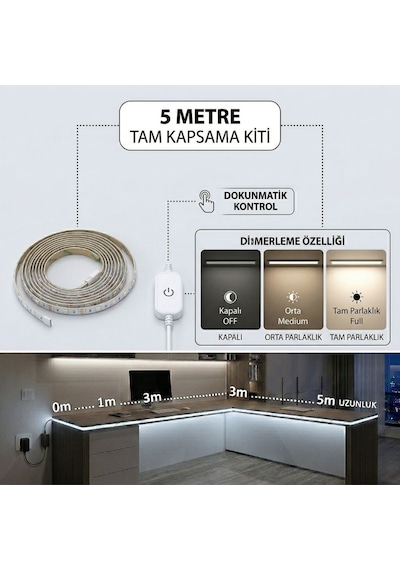 5 Metre Beyaz Şerit Led Işık Seti Dimmer Butonlu Ve Adaptörlü Mutfak Tezgahı, Raf Ve Tv Ünitesi Aydınlatma