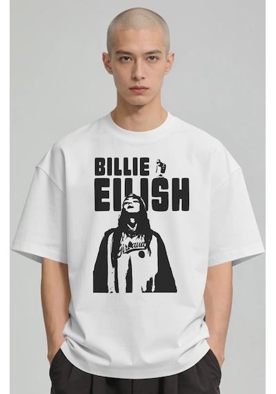 Sevbano Billie Eilish Şarkıcı Baskılı Unisex Oversize Premium Tişört Beyaz