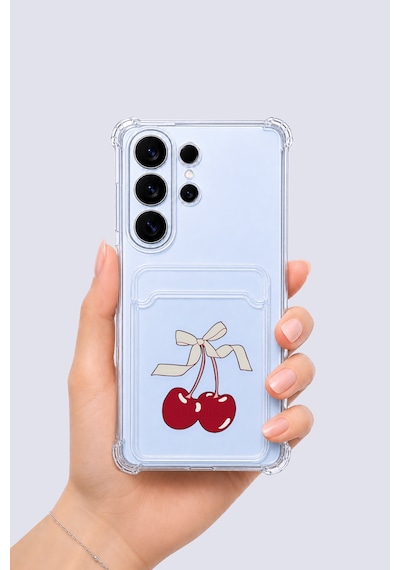 Samsung Uyumlu Galaxy S26 Ultra Kartlıklı Kiraz Desenli Kılıf Şeffaf