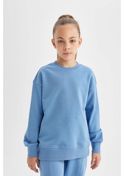Defacto Kız Çocuk Relax Fit Bisiklet Yaka Pamuklu Basic Düz Okul Sweatshirt A2797A824AUBE756 Mavi