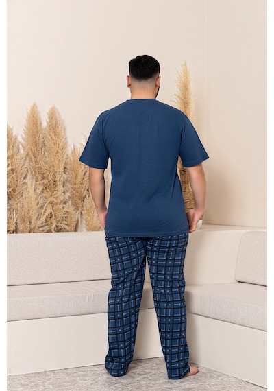 Nisanca Yazlık Büyük Beden Erkek Pamuk Pijama Takımı- Kısa Kollu Erkek Pijaması Mavi