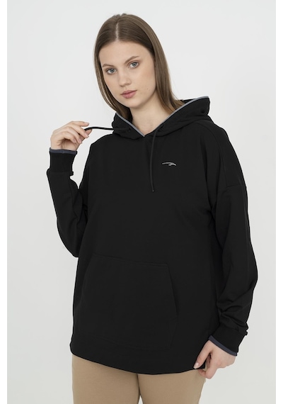 Maraton Sportswear Büyük Beden Kadın Kapşonlu Uzun Kol Basic Siyah Sweatshirt 21169-siyah