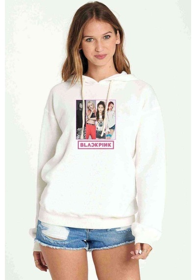 Kpop Blackpink Black Pink Collage Baskılı Kadın Kapüşonlu Beyaz