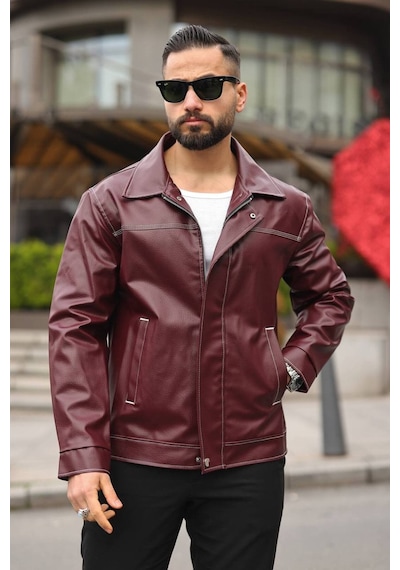 Erkek Dikiş Detaylı Retro Deri Ceket Bordo Byzdkş