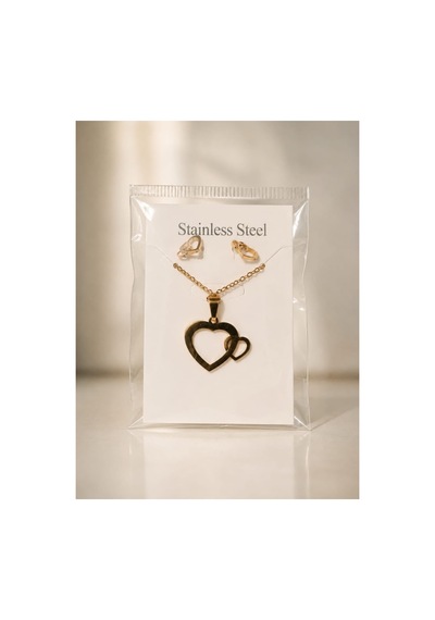 Lunarie 14k Gold Çelik İç İçe Çift Kalp Kolye Küpe Takı Seti Altın