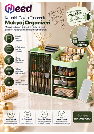 Need Kapaklı Dolap Tasarımlı 3 Çekmeceli Makyaj Organizeri Ve Takı Düzenleyici Yeşil/siyah Nd-9018-gbd