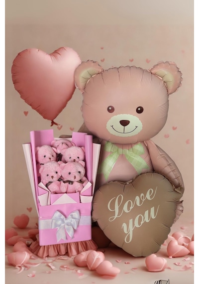 Kalpli Balonlu Ayıcık İle Pembe Peluş Ayıcık Buketi Özel Hediye Seti
