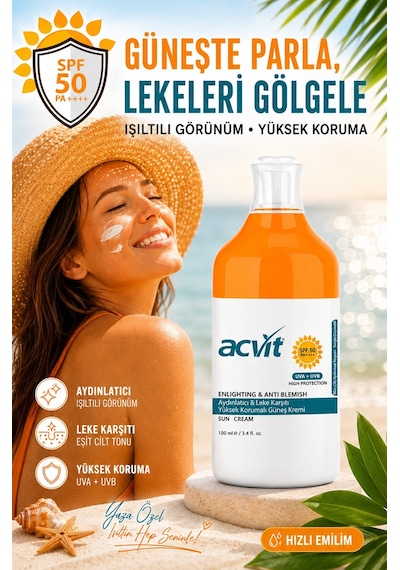 Acvit Aydınlatıcı ve Leke Karşıtı Yüksek Korumalı Güneş Kremi SPF50+ 100 ML