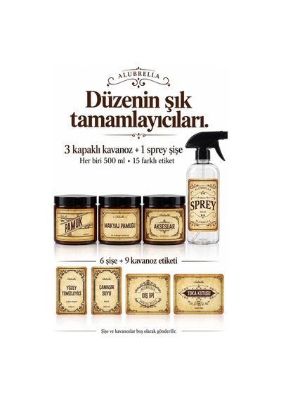 Alubrella 500 Ml 2 Amber Pompalı Şişe, 2 Kapaklı Kavanoz Ve Şeffaf Sprey Şişe Etiketli Set