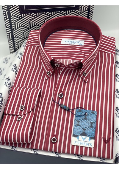 Slim Fit Uzun Kol Premium Kalın Çizgili Yaka Düğmeli Hediye Kutulu Kolay Ütülenebilir Erkek Gömlek Fs-001375 - Bordo-1490