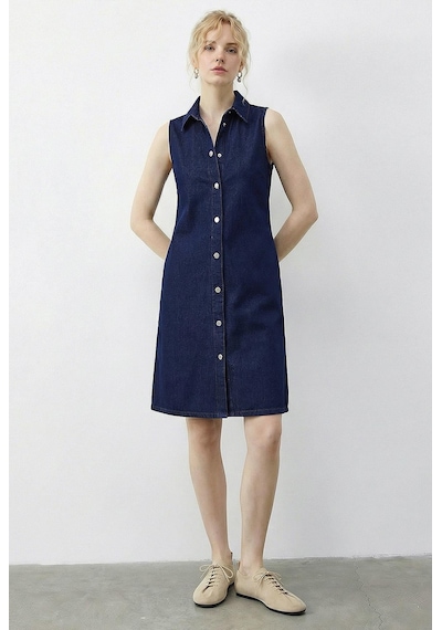 Shade Kadın Çıtçıt Kapamalı Cep Detaylı Gömlek Yaka Denim Elbise 5534 60286004 - Lacivert