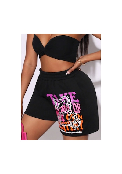 Tarzsokak Slayr Slogan Graphic Elastic Waist Şort Siyah