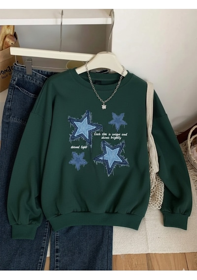 Uyguntarz Unisex Eternal Light Baskılı Tasarım Oversize Bisiklet Yaka Sweatshirt Yeşil