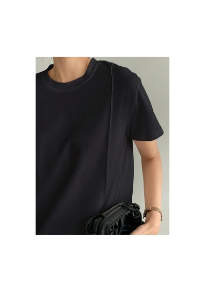 Cool Tarz Kadın Basic Ön Çizgi Detaylı Bisiklet Yaka Tişört Rahat Kalıp Günlük T-shirt Siyah Siyah