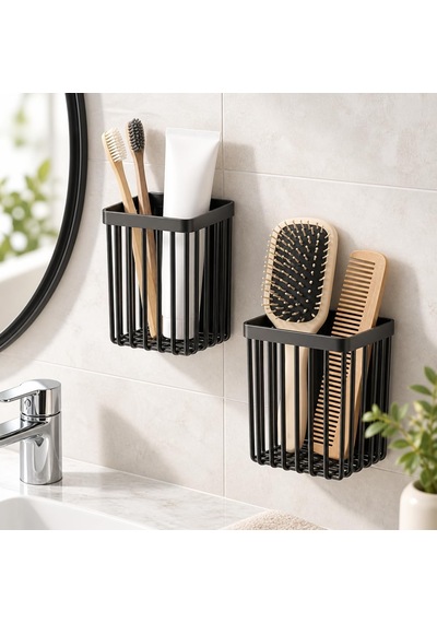 2 Adet Duvara Yapışkanlı Mini Sepet Organizer Diş Fırçası Tarak Kalemlik Çok Amaçlı Banyo Mutfak Ofis Düzenleyici Sepet 8,5 X 8,5 X 11 Cm Siyah