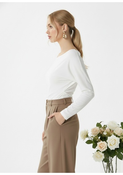 Fiolin Kadın Elegant Asimetrik Omuz Detaylı Bluz Beyaz