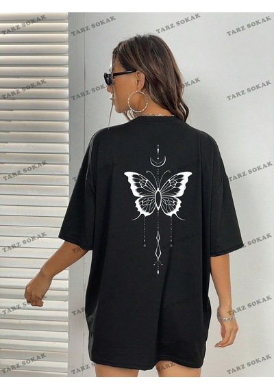 Flood Of Style Unisex Bay Kelebek Desenli Damla Omuz Tişört Kod-1382 Siyah