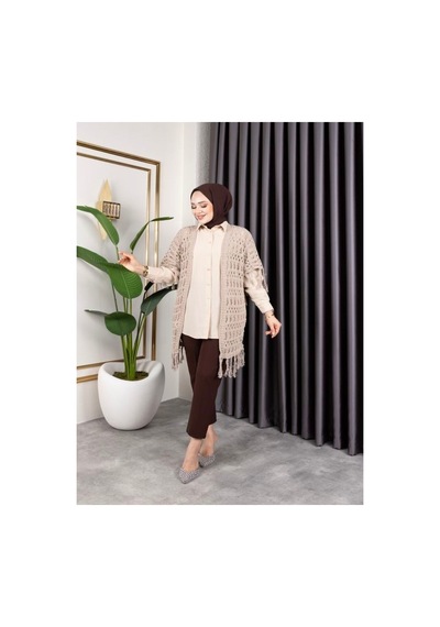 Hira Life Fashion Kadın Mevsimlik Saçaklı Ve Ajurlu Pamuk Triko Hırka Bej Bej