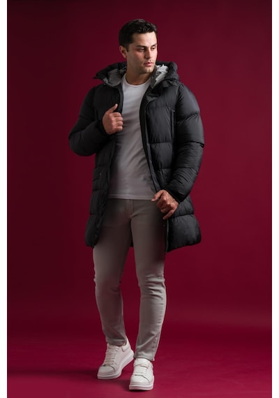 Slimfit Kapşonlu Çıtçıt Ve Fermuar Kapamalı Yan Ve Gögüs Fermuar Cepli Yoğun Elyaf Dolgulu Erkek Uzun Spor Mont 001