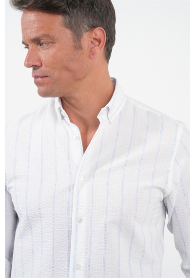 İmza Beyaz-mavi Yumuşak Yaka Uzun Kol Slim Fit Pamuklu Gömlek 1004260259 Beyaz - Mavi