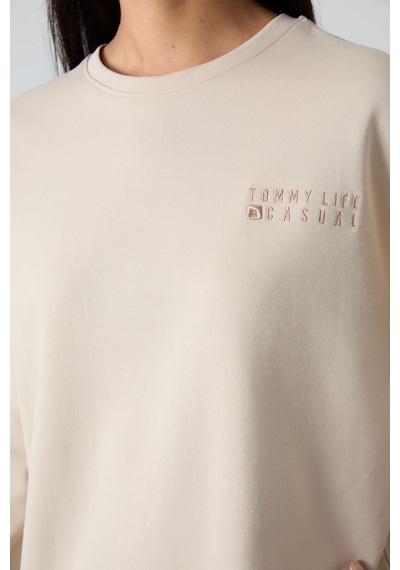 Tommy Life Bej Basic Pamuklu O Yaka Oversize Lastik Paça Kadın Eşofman Takım - 95287 Bej
