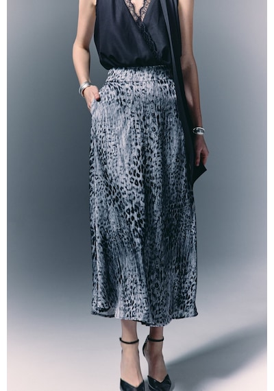 Sateen Leopar Desenli Uzun Etek - Siyah-136781 Siyah