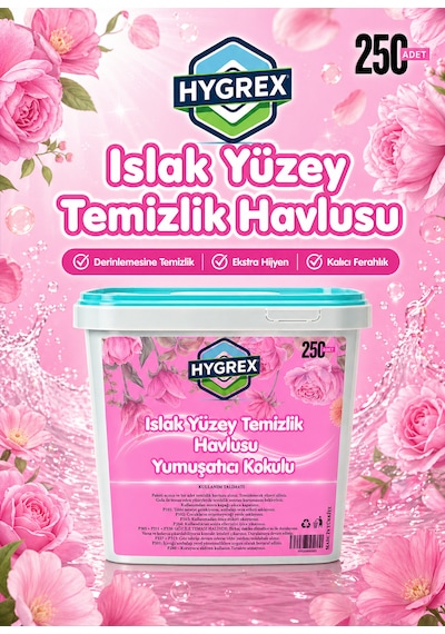 Hygrex Yüzey Temizlik Havlusu Yumuşatıcı Kokulu Islak Kova Mendil 250 Adet Ev Ofis Tüm Yüzeyler Beyaz