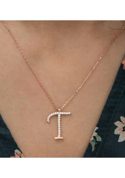 925 Ayar T Harfi Kolye Kadın Gümüş Kolye Rose Gold
