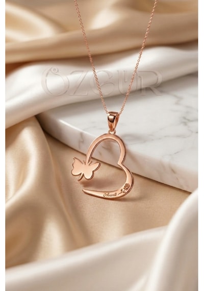 925 Ayar Gümüş Kelebekli Kalp Kolye Rose Gold