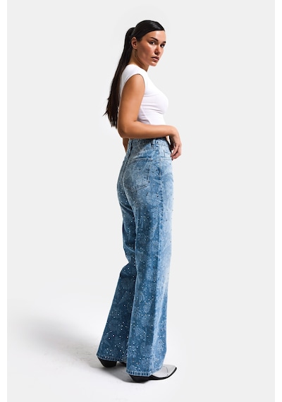it's basic Kadın Kot Rengi T-2s6-27 Straight Fit Özel Baskılı Kumaş Parlak Taşlı Tasarım Denim Jean