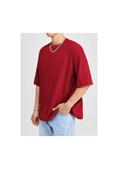 Tarz Cool Erkek Bisiklet Yaka %100 Pamuk T-shirt Kirmizi
