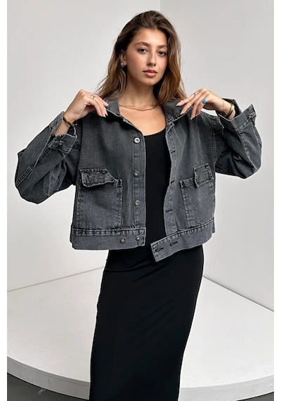 Moda Çift Cep Beli Düğme Detaylı Denim Ceket Gümüş
