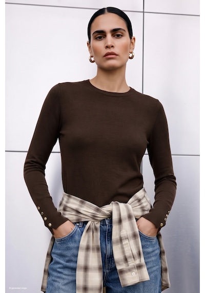 Sateen Uzun Kol Çıt Çıt Detaylı Triko - Kahve-137889