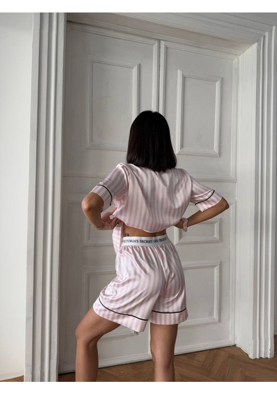 Victoria's Secret Kadın İkili İpek Saten Pijama Takımı Pembe - Beyaz