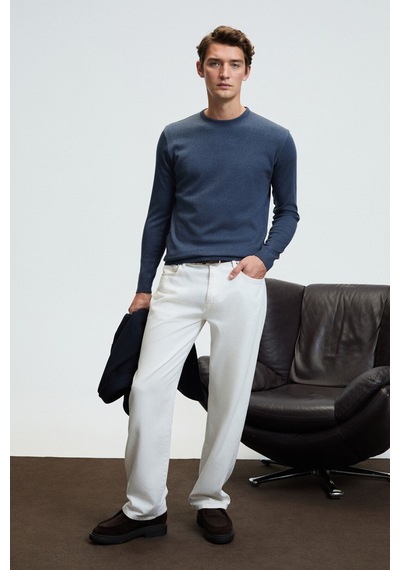 Grımelange VAREX Erkek Yuvarlak Yaka Basic Slim Fit Triko Mavi Kazak