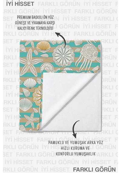 Deniz Kabuğu Yıldız Denizanası Plaj Havlusu-turkuaz Bej Marine Modern Hızlı Kuruyan Mikrofiber Havlu Kül Defne