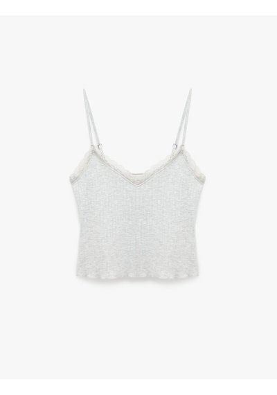 Koton Dantel Detaylı İnce Askılı Pijama Üstü Gri Melanj 6slk90058mk