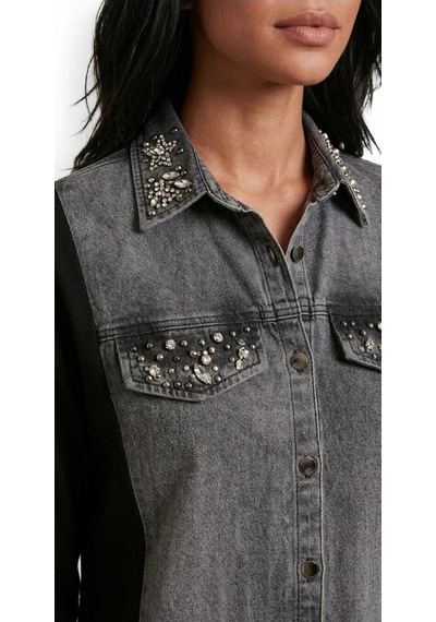 Stormwear Çift Kumaş Detaylı Taşlı Denim Gömlek Siyah